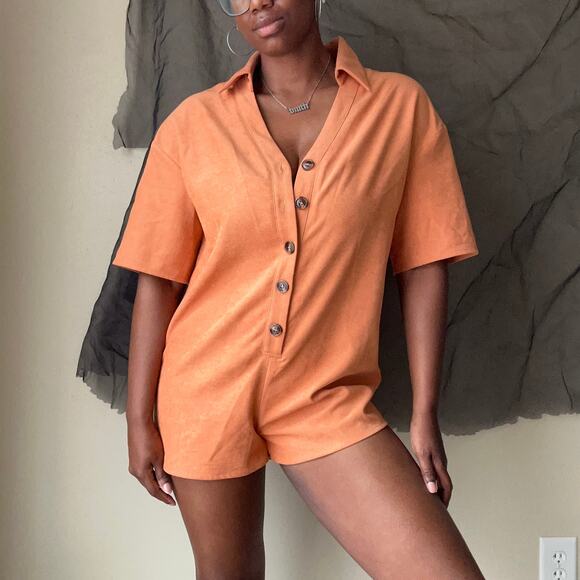 Vestique Orange Short Sleeve Collared Button Down Romper Size Small - Picture 1 of 12